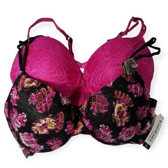 2 PACK BEBE INTIMATES PLUNGE GENTLE LIFT UNDERWIRE BRAS 36D Pink/Black TAGLESS - Picture 1 of 7